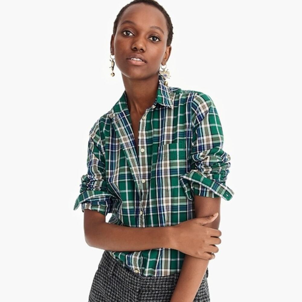 J CREW Modern Classic Fit Perfect Shirt Button Up Down sz 0 Green Tulsa Plaid
